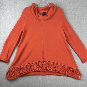 Pure Handknit Sweater Womens L/XL Orange Chunky Knit Roll Neck‎ Tassles Long